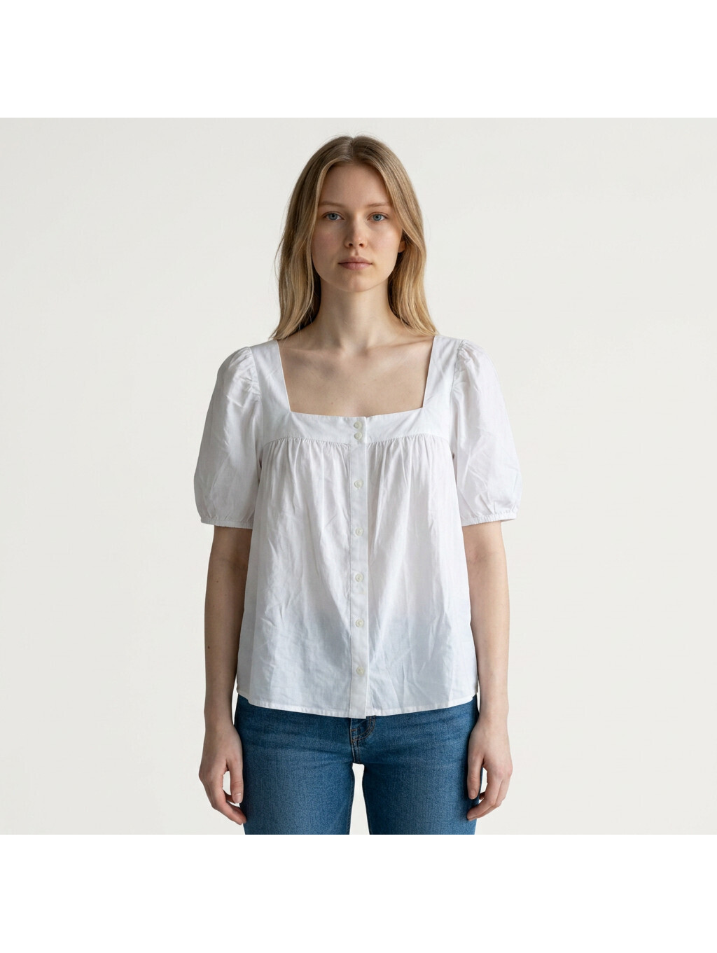 New Loft Top Women L Large White Button Up Short Sleeve Square Neck Cotton